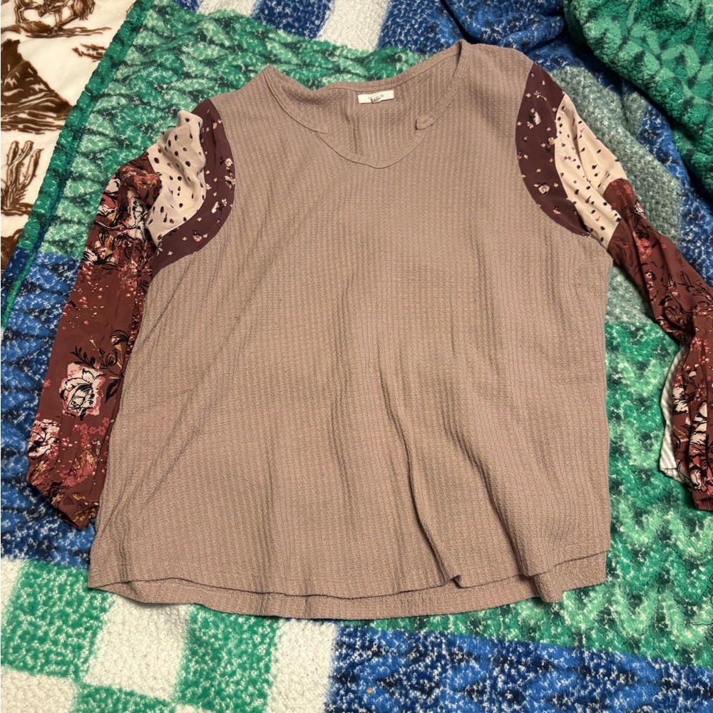 Maurices Taupe Top with Floral Sleeves